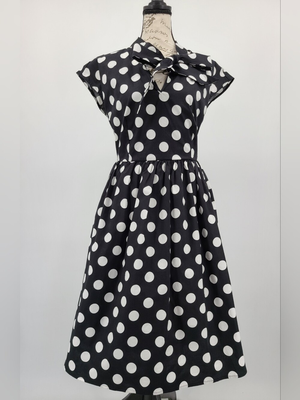 Modcloth Black and White Polka Dot Tie-Neck Cotton Fit & Flare Dress Size Small